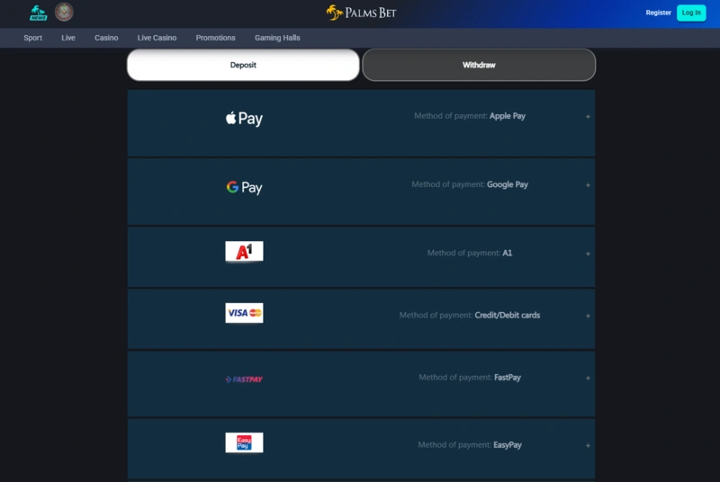 palmsbet deposits and withdrawals page
